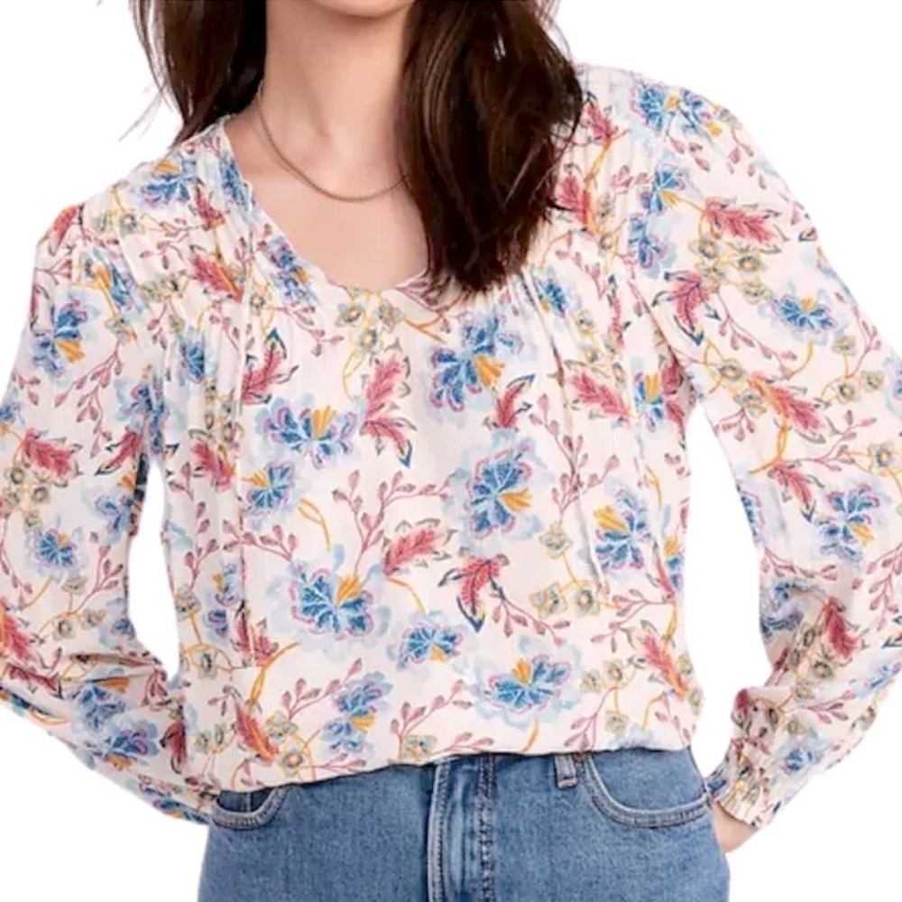 Old Navy Crinkled Smocked Floral Poet Swing Blouse Blue Pink Womens Large